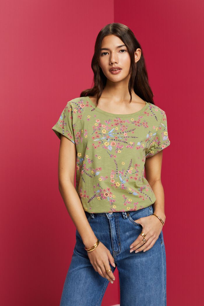 Baumwoll-T-Shirt mit floralem Print, PISTACHIO GREEN, detail image number 0