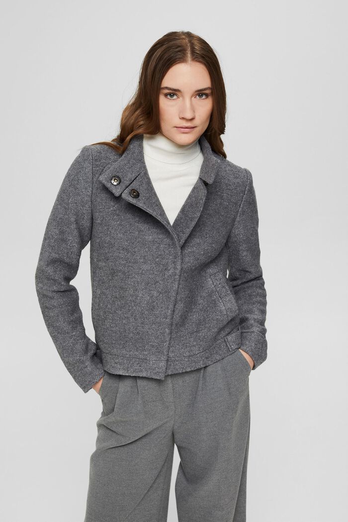 En laine mélangée : la veste en maille bouclette à col droit, GUNMETAL, detail image number 0