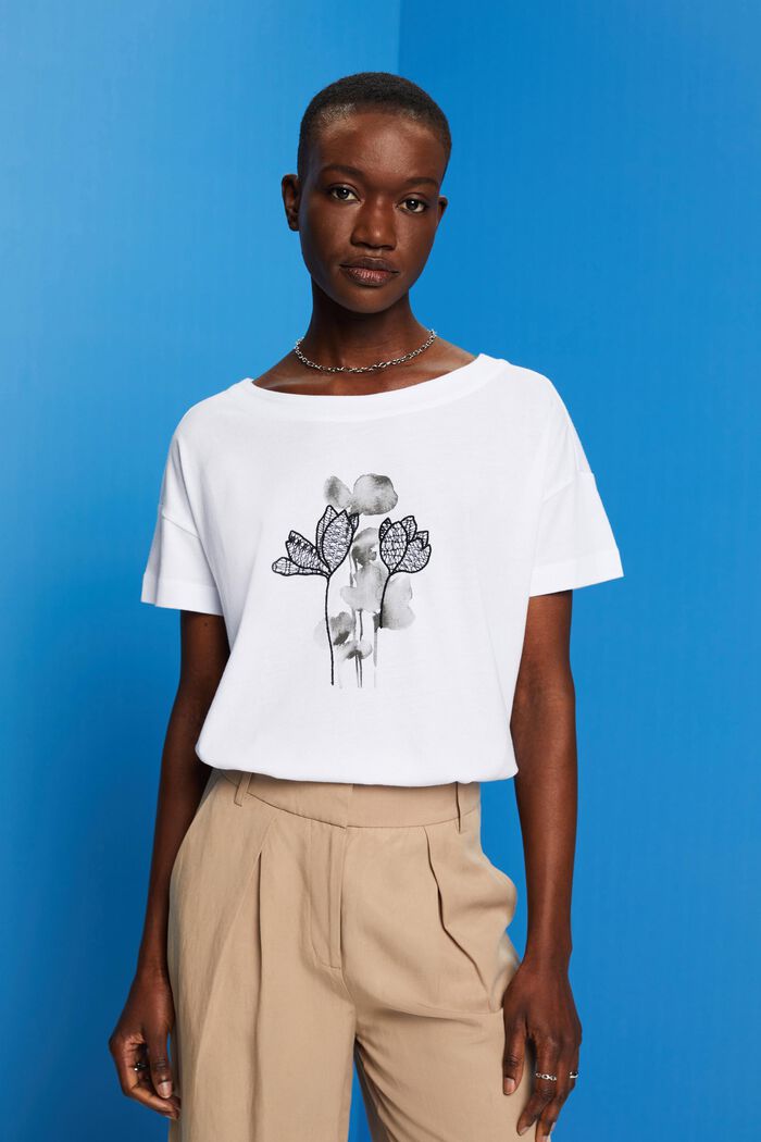 T-shirt brodé,TENCEL™, WHITE, detail image number 0