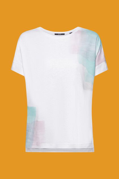 T-shirt en mélange de viscose et de lin orné d’un imprimé sur la poitrine, WHITE, overview