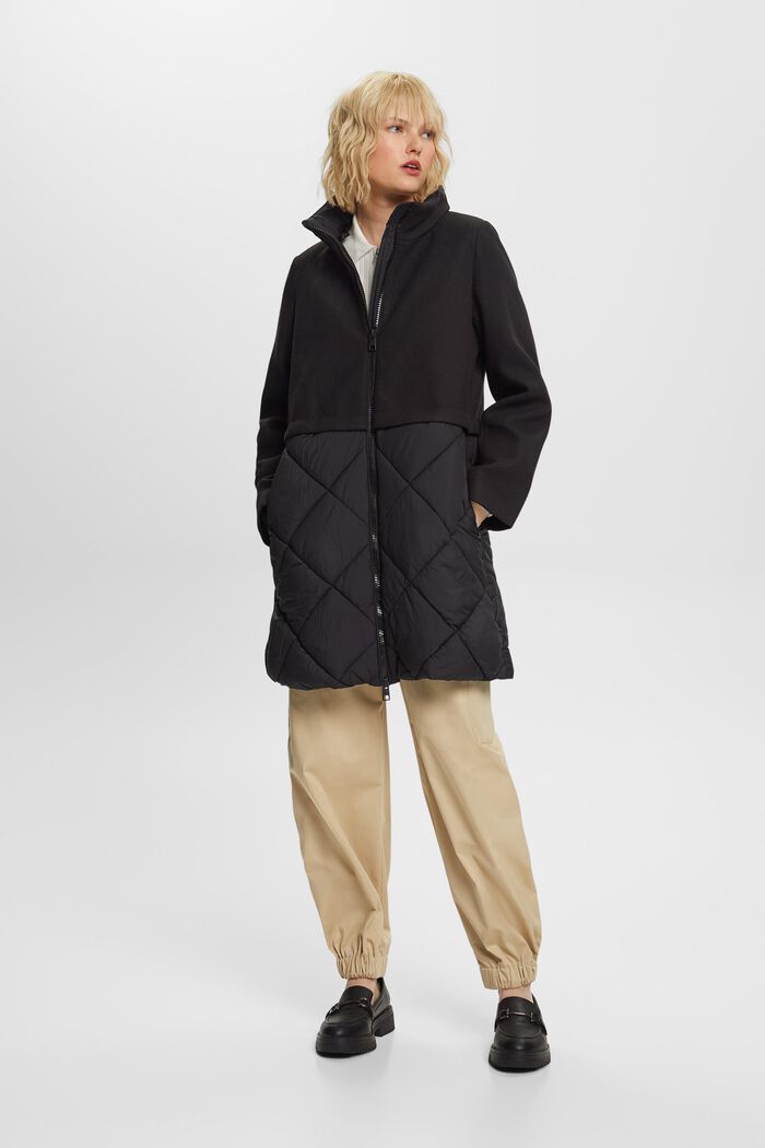 Manteau à capuche en matières mélangées, BLACK, detail image number 1