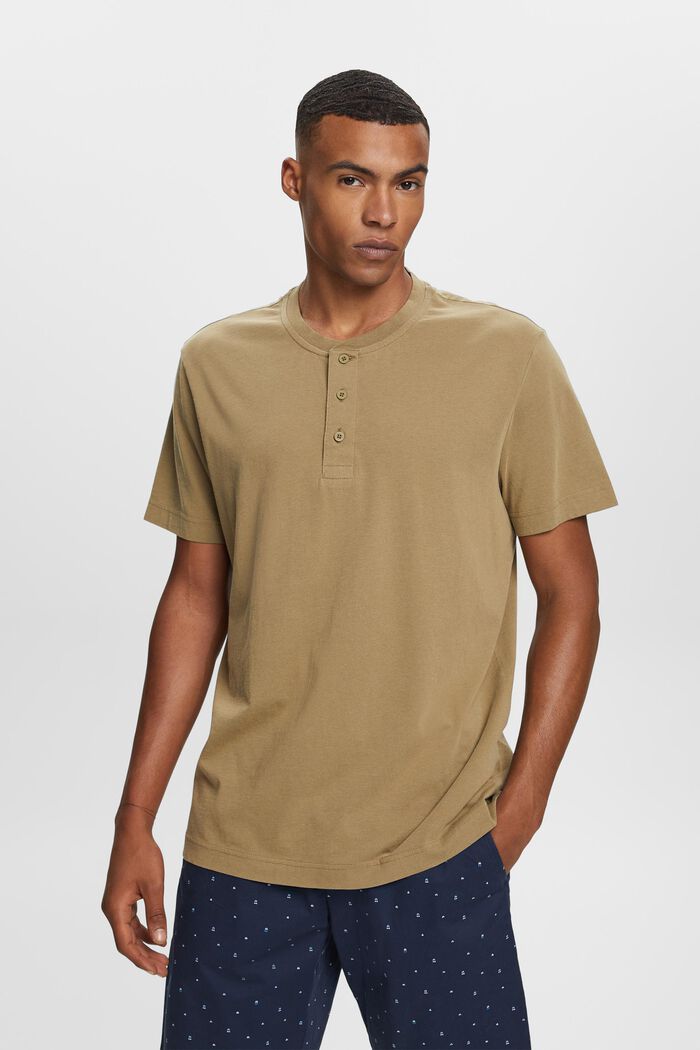 T-shirt col tunisien, 100 % coton, KHAKI GREEN, detail image number 0