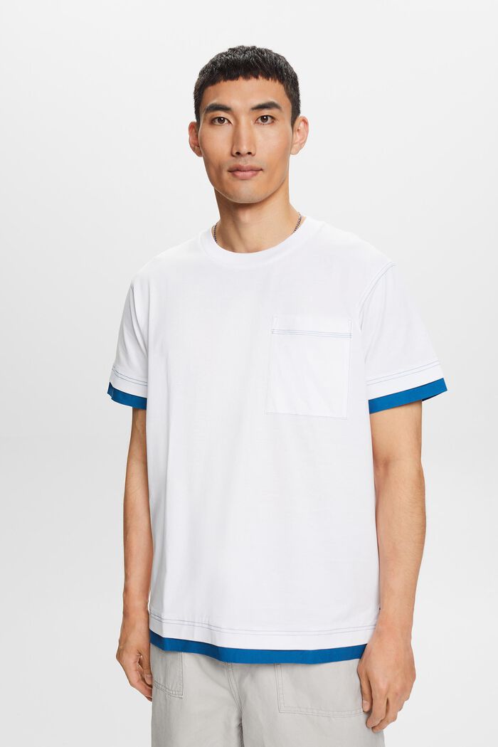 T-shirt à encolure ronde et effet superposé, 100 % coton, WHITE, detail image number 0