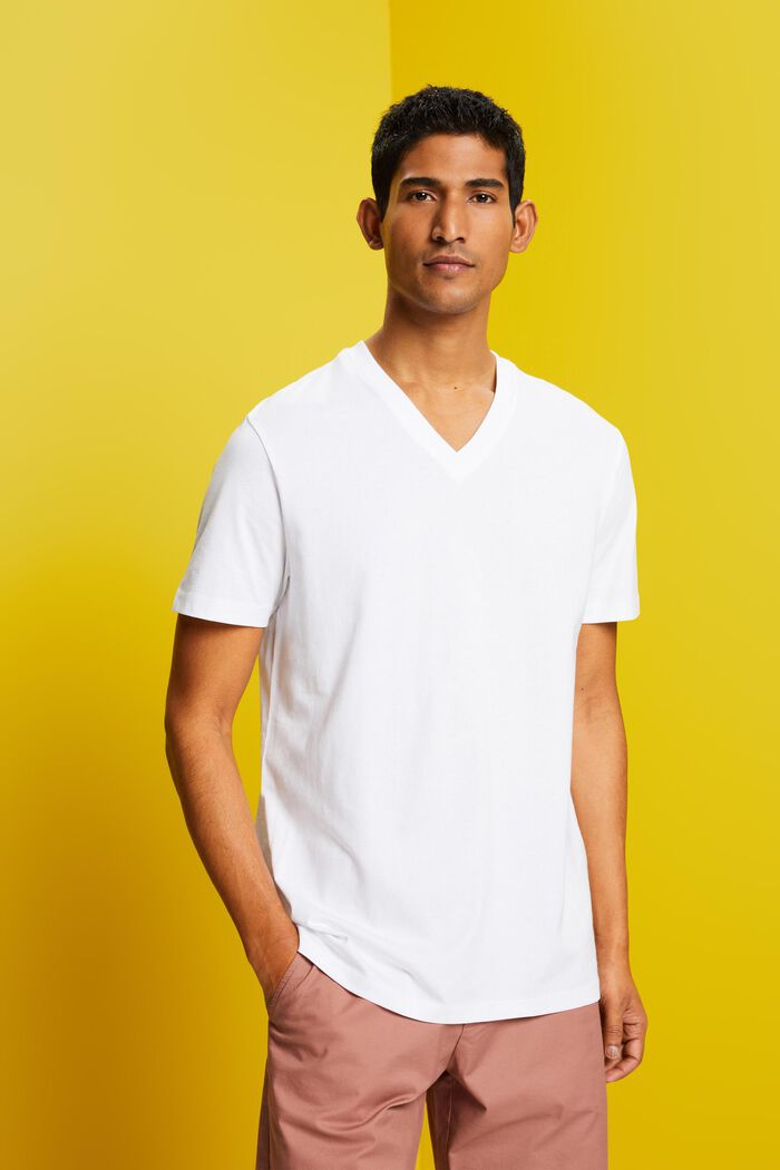 T-shirt à encolure en V, coton Pima, WHITE, detail image number 0