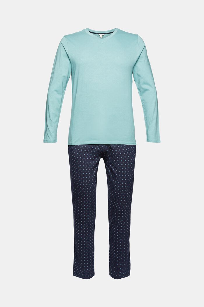 Pyjama mit Punkte-Print, 100% Baumwolle, TEAL GREEN, overview