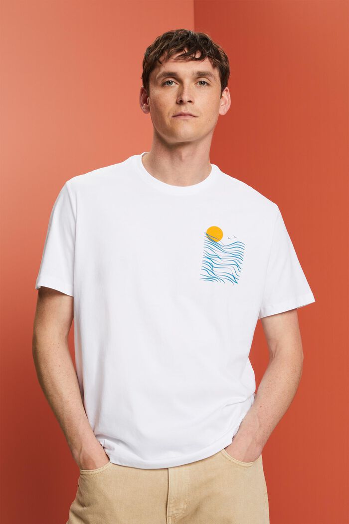 Jersey-T-Shirt mit Brust-Print, 100 % Baumwolle, WHITE, detail image number 0
