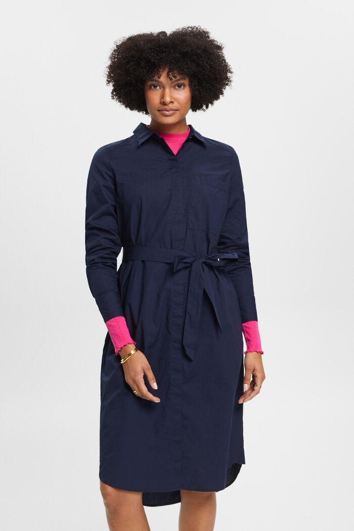 Robe-chemise en coton munie d’une ceinture à nouer, NAVY, detail image number 0