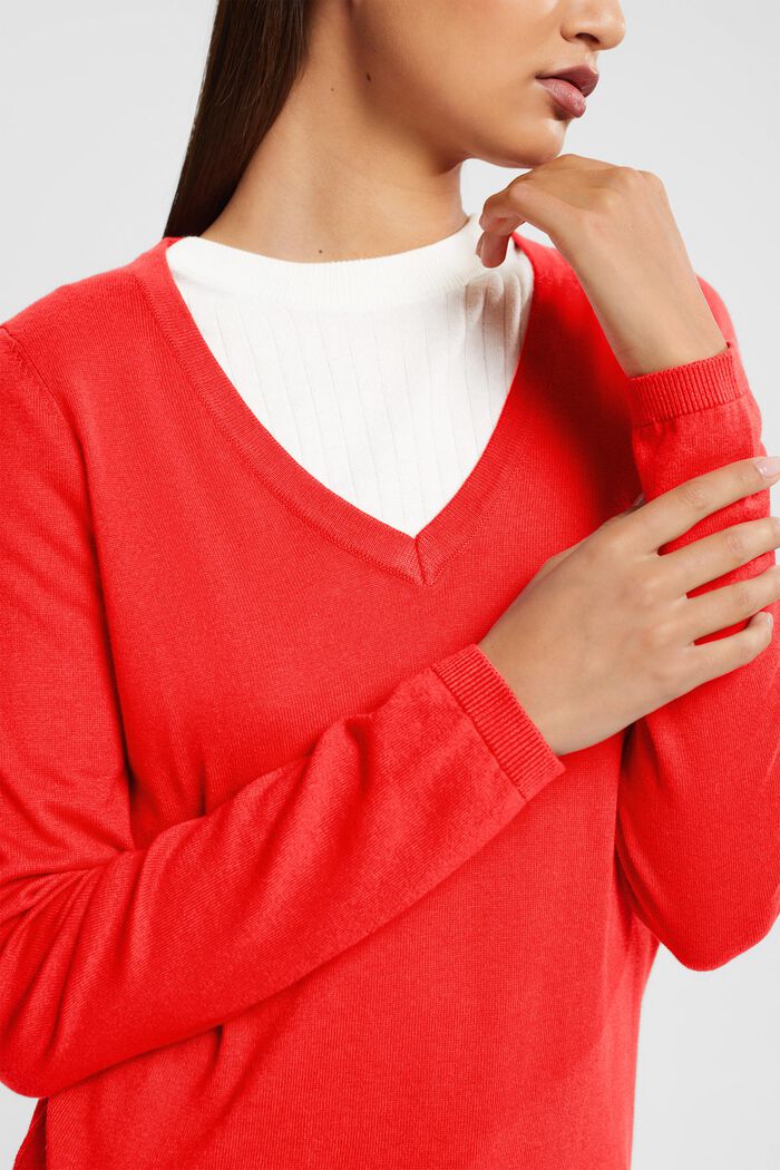 Basic V-Neck-Pullover,-Baumwoll-Mix, RED, detail image number 0