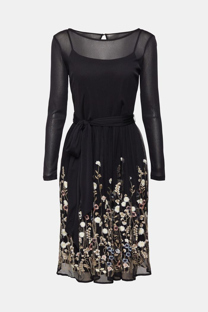 Mesh-Kleid mit Blüten-Stickerei, BLACK, detail image number 2