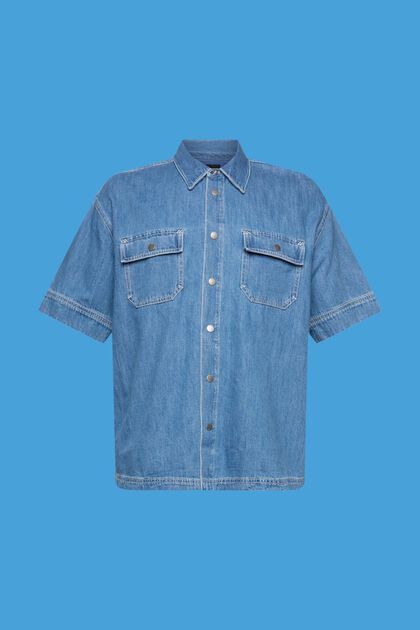 Chemise en jean de coupe carrée à manches courtes, BLUE MEDIUM WASHED, overview