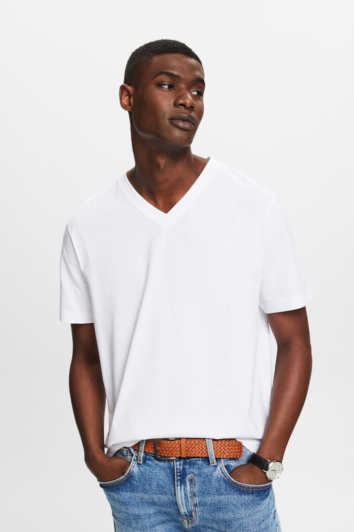 T-shirt à encolure en V en coton biologique, WHITE, detail image number 0