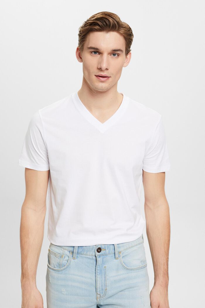 T-Shirt aus Baumwolle mit V-Ausschnitt, Slim Fit, WHITE, detail image number 0