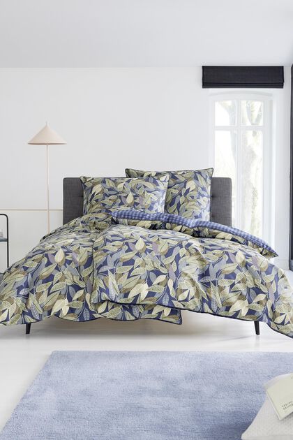 Parure de lit en satin à imprimé feuilles, BLUE, overview
