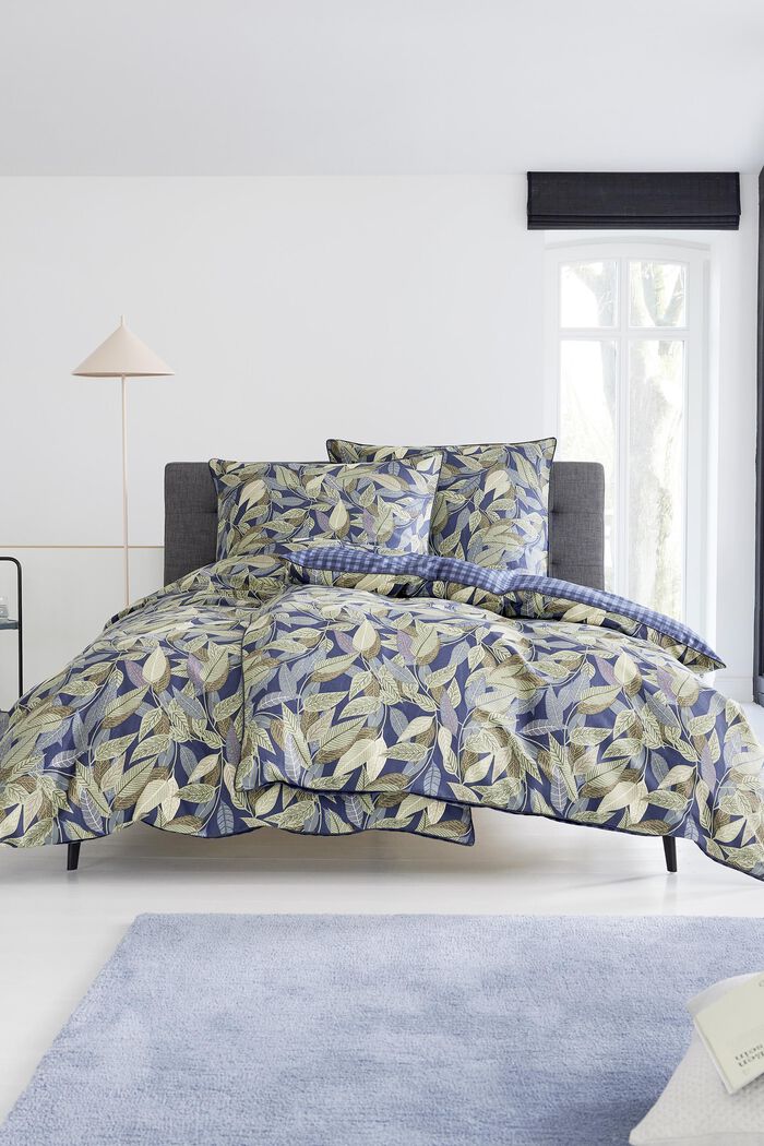 Parure de lit en satin à imprimé feuilles, BLUE, detail image number 0
