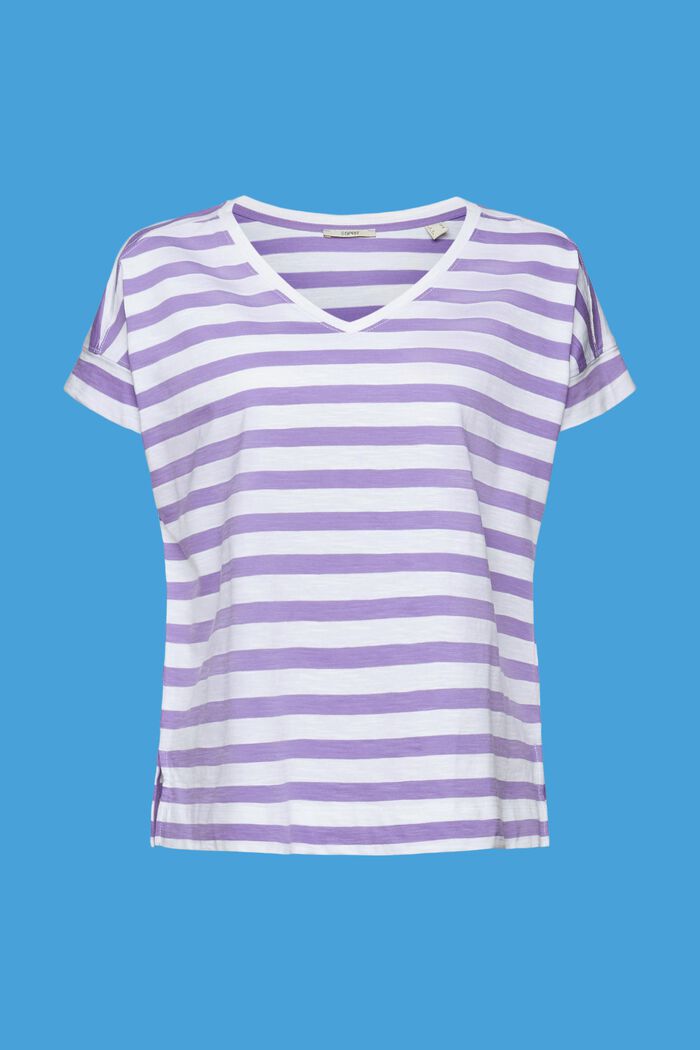 Gestreiftes Baumwoll-T-Shirt mit V-Ausschnitt, PURPLE, detail image number 6
