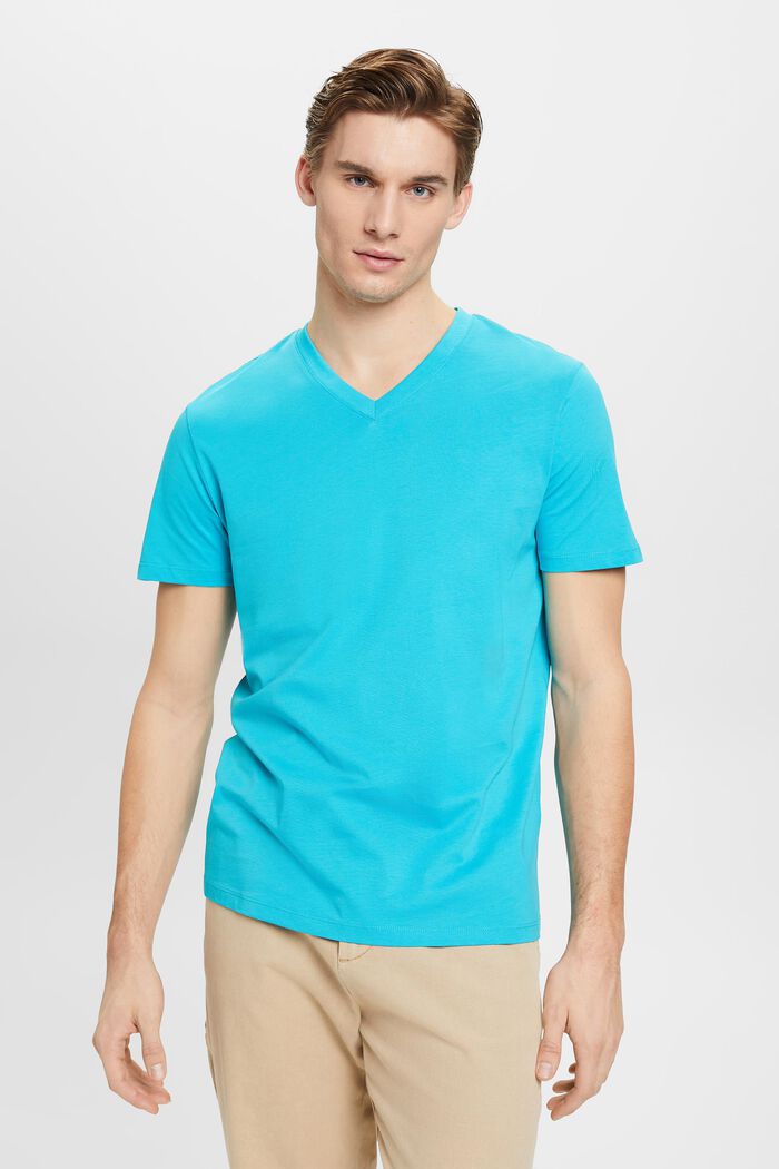 T-shirt en coton à encolure en V de coupe Slim Fit, AQUA GREEN, detail image number 0
