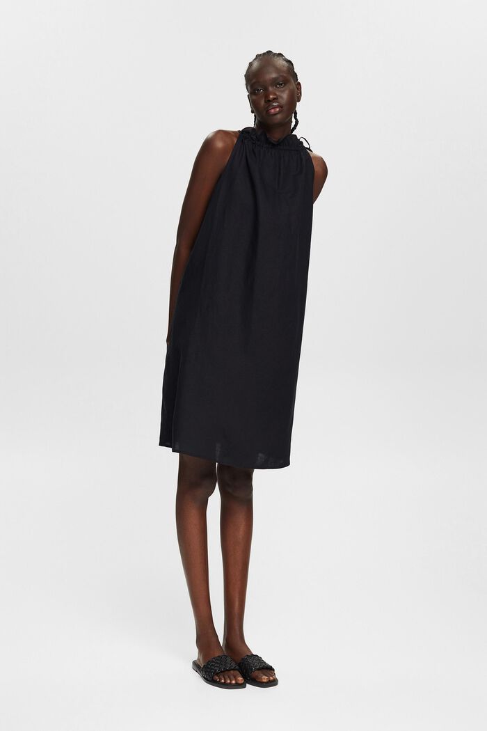 Mit Leinen: Kleid mit Neckholder-Ausschnitt, BLACK, overview