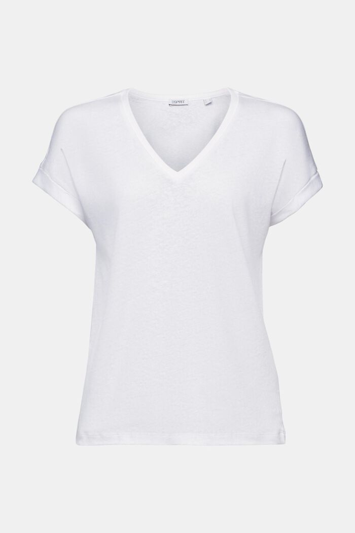 T-Shirt mit V-Ausschnitt aus Baumwolle-Leinen-Mix, WHITE, detail image number 5