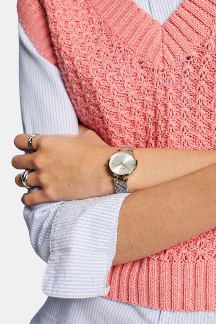 Montre bicolore dotée d’un bracelet en mesh et zircone, ROSEGOLD, detail image number 2