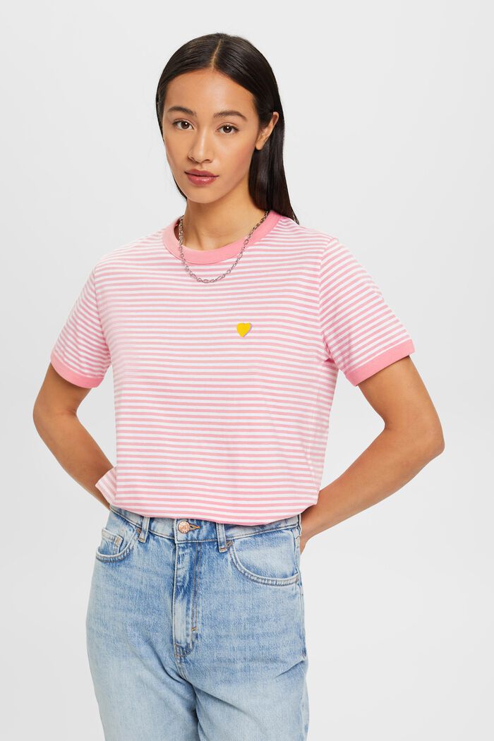 T-shirt rayé en coton animé d’un motif brodé, PINK, detail image number 0