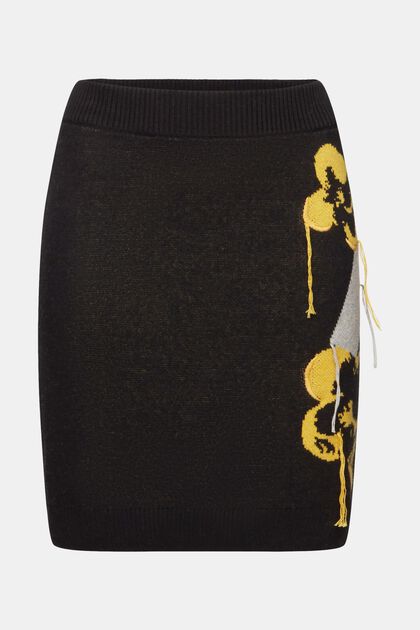 Mini-jupe tricotée à motif jacquard à fleurs, BLACK, overview