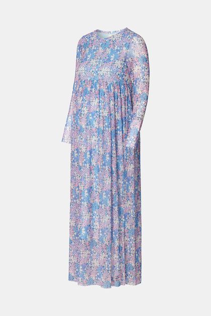 Robe maxi longueur en mesh ornée d’un imprimé all-over à fleurs, LIGHT BLUE, overview