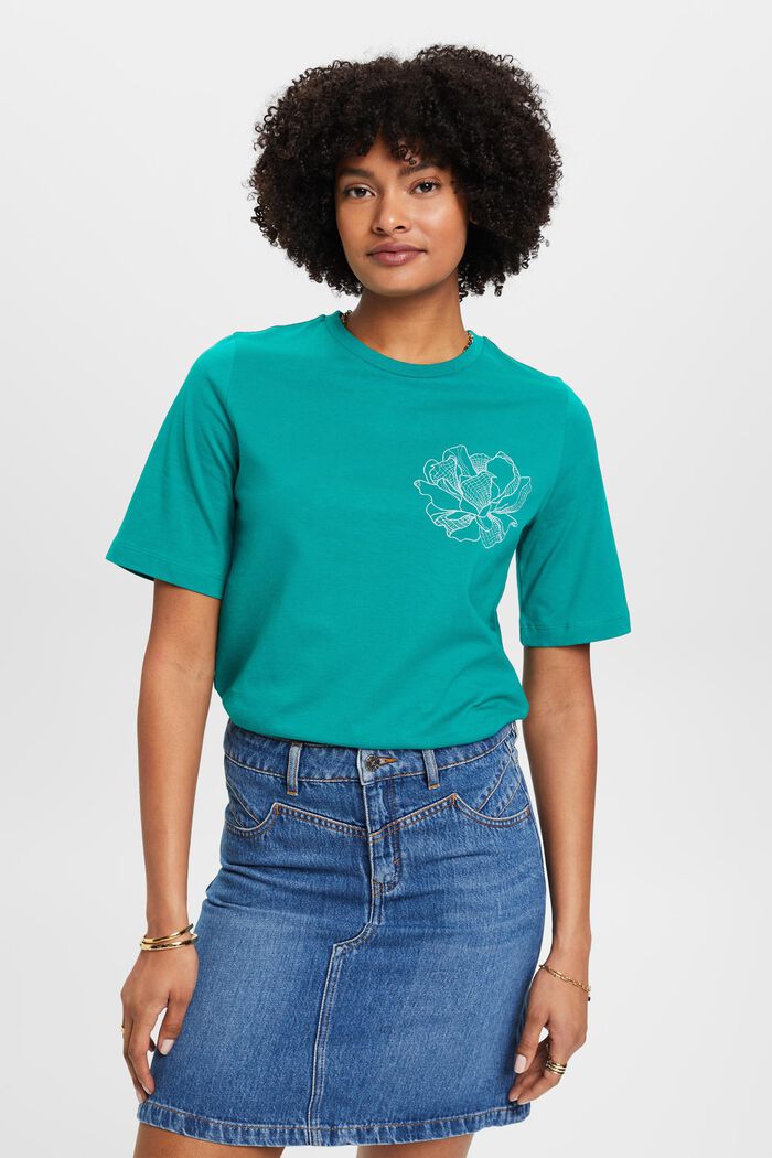 T-shirt en coton à fleur brodée, EMERALD GREEN, detail image number 0