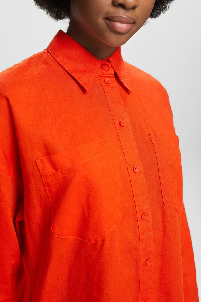 Robe-chemise en lin et coton avec ceinture, BRIGHT ORANGE, detail image number 3