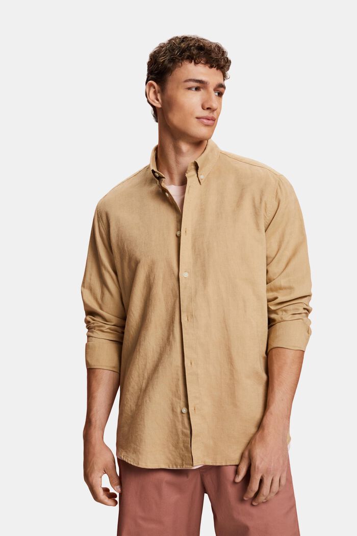 Button-Down-Hemd aus Baumwolle und Leinen, BEIGE, detail image number 0