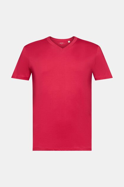 T-shirt en coton à encolure en V de coupe Slim Fit, DARK PINK, overview