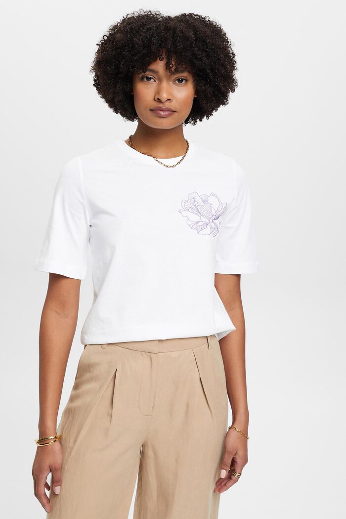 Baumwoll-T-Shirt mit floraler Stickerei, OFF WHITE, detail image number 0
