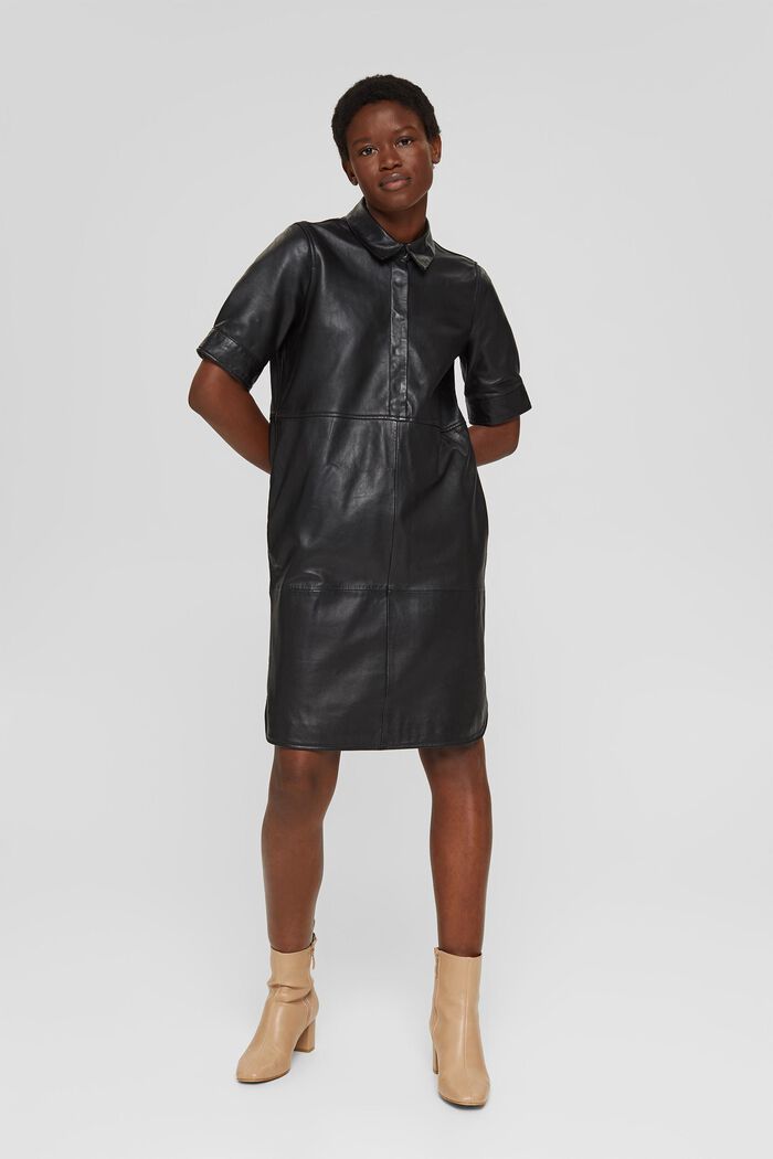Robe chemisier, 100 % cuir d´agneau, BLACK, detail image number 1