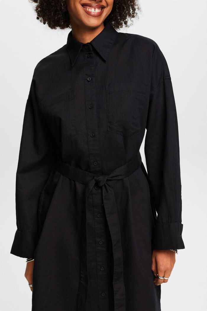 Robe-chemise en lin et coton avec ceinture, BLACK, detail image number 3