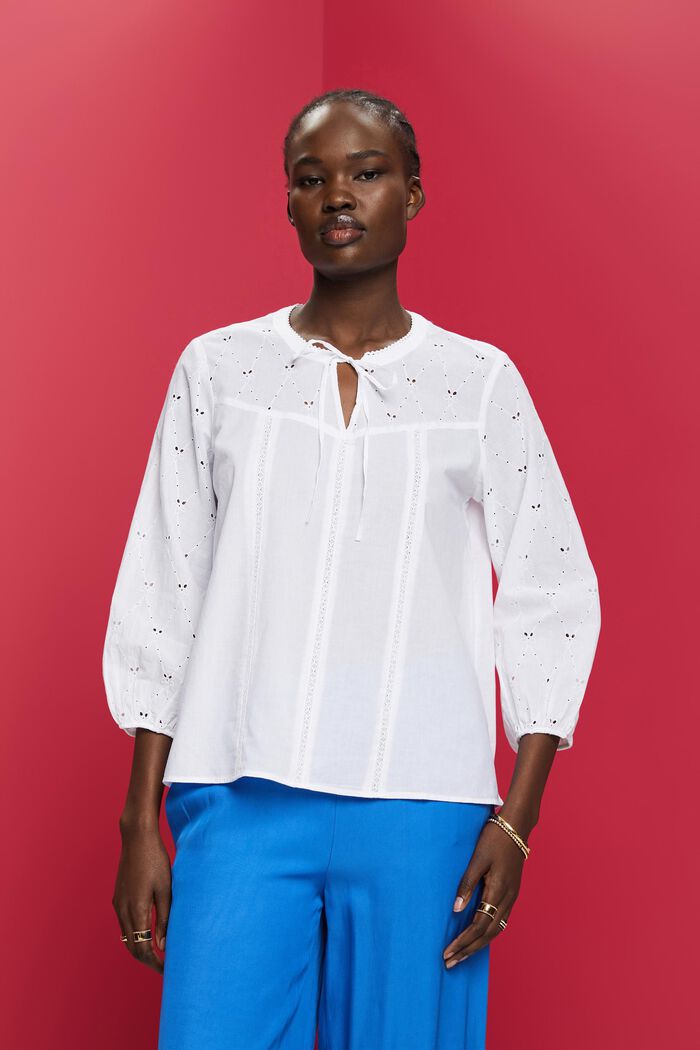 Bluse mit Stickerei, 100 % Baumwolle, WHITE, detail image number 0