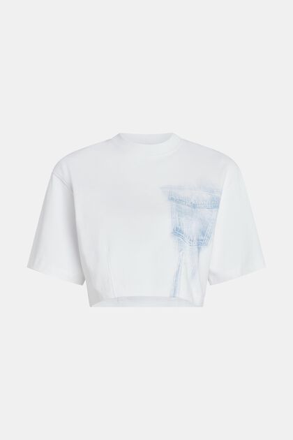 T-shirt de coupe raccourcie à imprimé indigo Denim Not Denim, WHITE, overview
