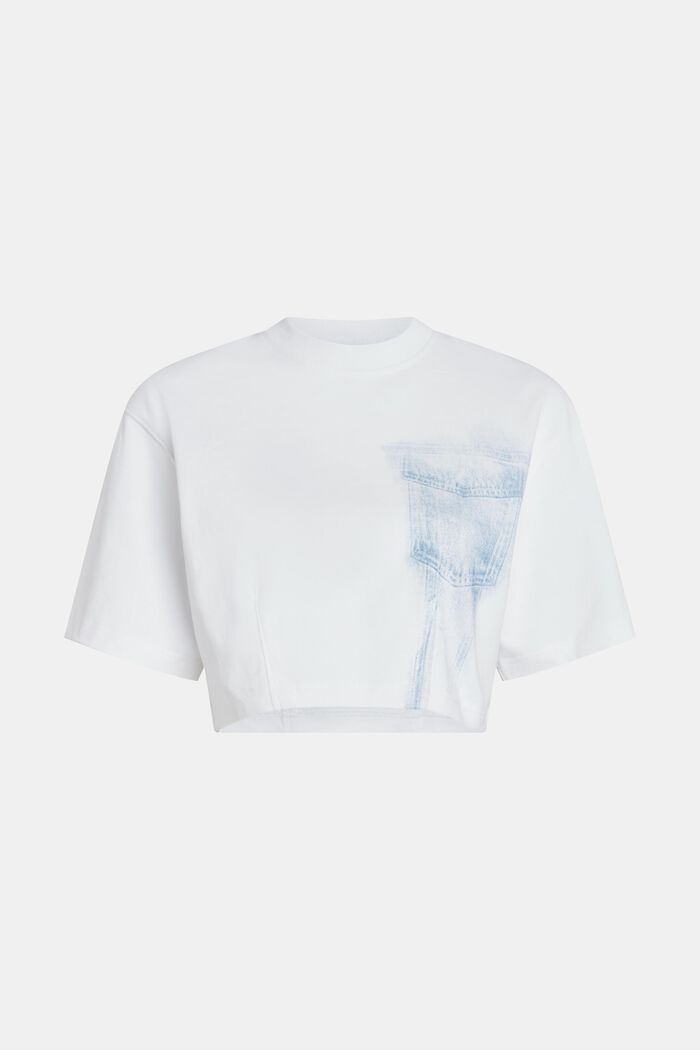 Denim Not Denim Cropped-T-Shirt mit Indigo-Print, WHITE, detail image number 4