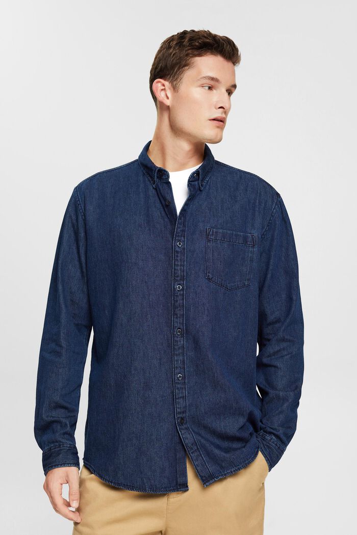 Chemise en jean à poche plaquée, BLUE DARK WASHED, detail image number 0