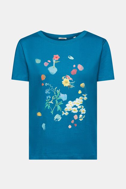 T-shirt à imprimé à fleurs, TEAL BLUE, overview