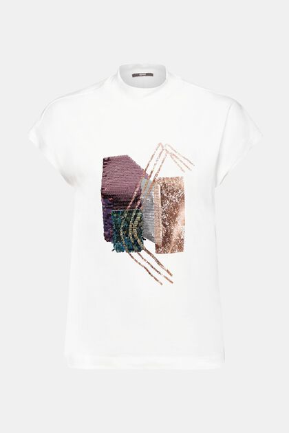 T-Shirt mit Paillettenapplikation, TENCEL™, OFF WHITE, overview
