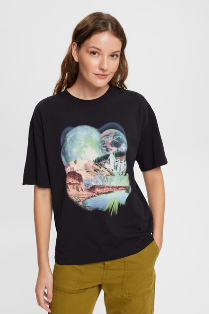 T-Shirt mit Print, 100 % Baumwolle, BLACK, overview