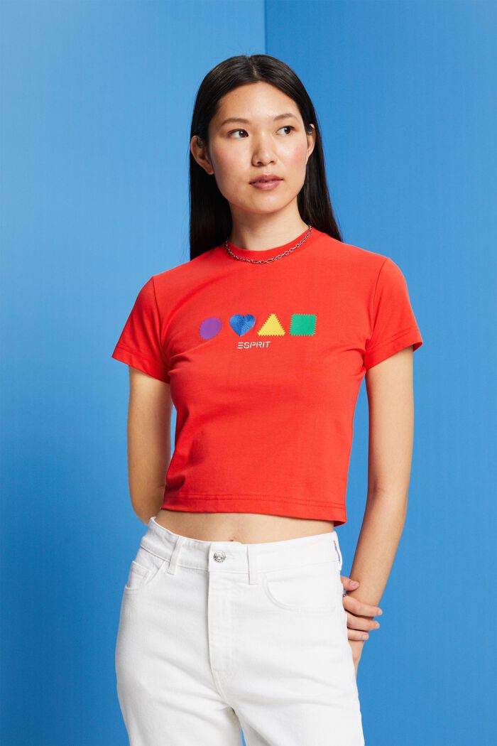 T-shirt en coton biologique à imprimé géométrique, ORANGE RED, detail image number 0