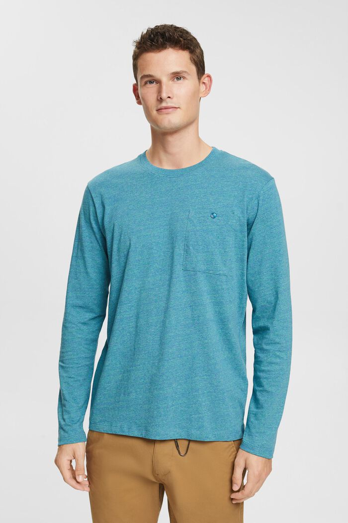 T-shirt à manches longues en jersey, 100 % coton, PETROL BLUE, overview