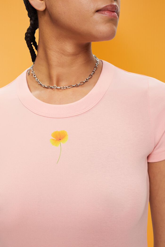 T-shirt à imprimé à fleurs sur la poitrine, PINK, detail image number 2