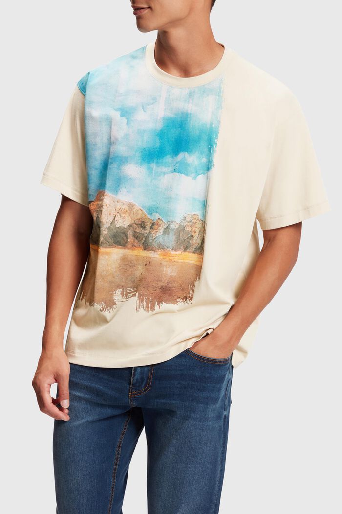 T-Shirt mit digitalem Landschafts-Print vorne, BEIGE, detail image number 0