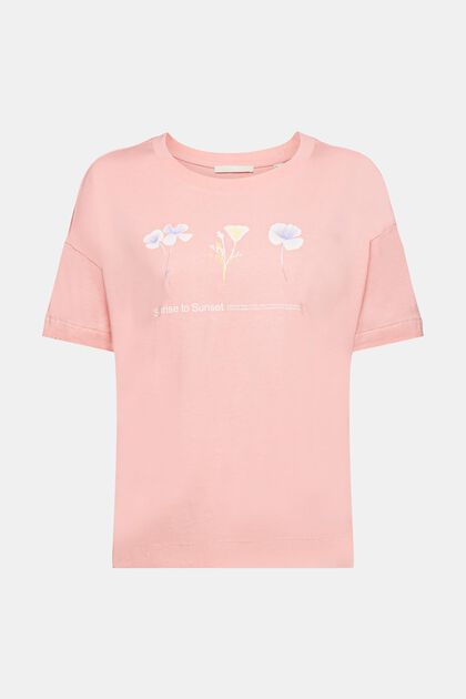 T-shirt à imprimé à fleurs sur la poitrine, PINK, overview