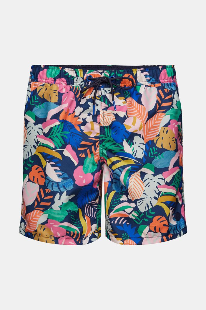 Bade-Shorts mit tropischem Print, NAVY, overview
