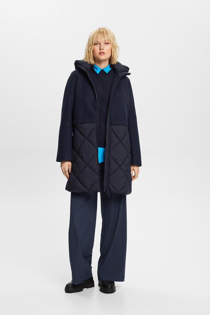 Manteau à capuche en matières mélangées, NAVY, detail image number 1