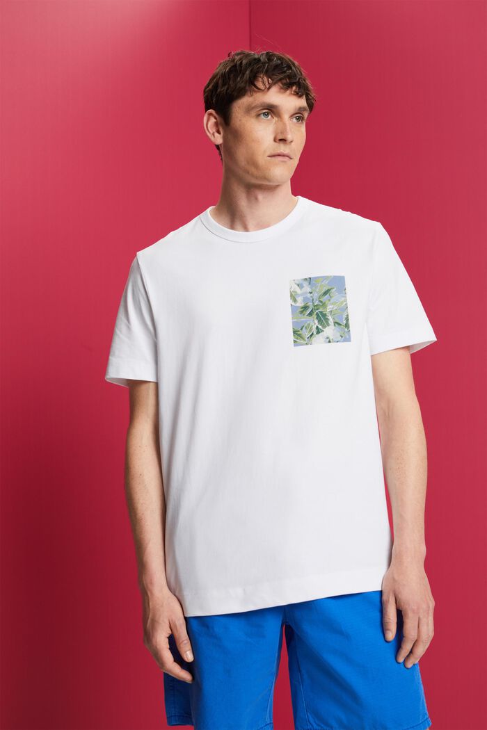Jersey-T-Shirt mit Brust-Print, 100 % Baumwolle, WHITE, detail image number 0
