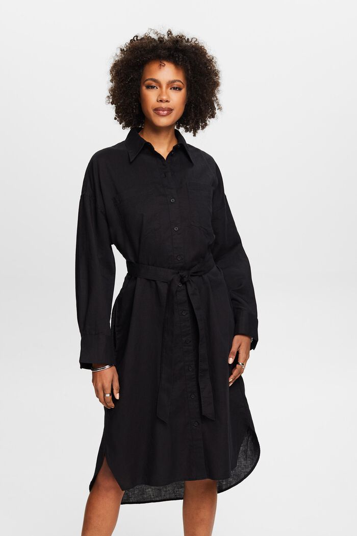 Robe-chemise en lin et coton avec ceinture, BLACK, detail image number 0