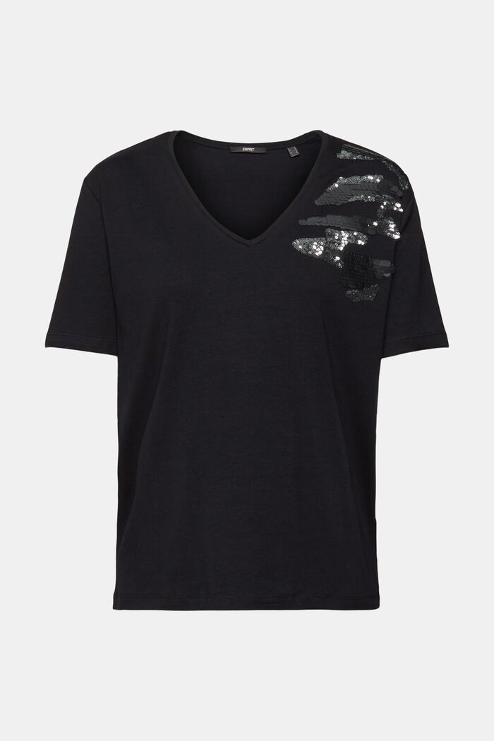 T-shirt à encolure en V orné de sequins, BLACK, detail image number 5